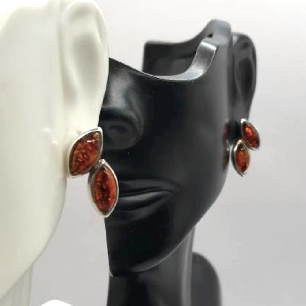 (925) Silver & Double Amber Cabochons Post Earrings